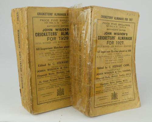 Wisden Cricketers&rsquo; Almanack 1927 and 1929. 64th & 66th editions. Original paper wrappers. Both editions with breaking to spine block, page blocks becoming loose. The 1927 edition with worn, soiled and age toned wrappers with odd faults and small loss to e
