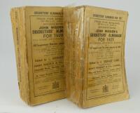 Wisden Cricketers’ Almanack 1927 and 1929. 64th & 66th editions. Original paper wrappers. Both editions with breaking to spine block, page blocks becoming loose. The 1927 edition with worn, soiled and age toned wrappers with odd faults and small loss to e