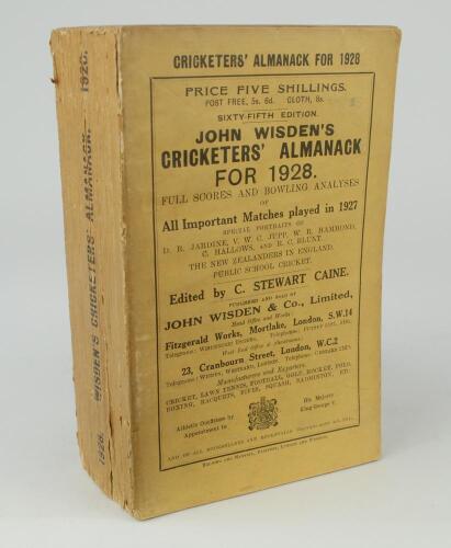 Wisden Cricketers&rsquo; Almanack 1928. 65th edition. Original paper wrappers. Slight breaking to spine block, minor wear to spine paper otherwise in generally very good condition