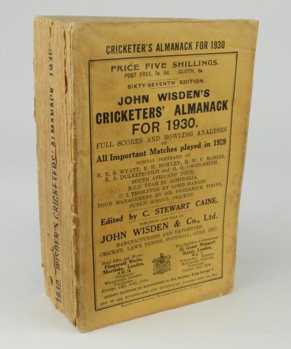 Wisden Cricketers&rsquo; Almanack 1930. 67th edition. Original paper wrappers. Some breaking to spine block, page sections becoming loose, minor wear and age toning to wrappers and spine paper otherwise in good condition