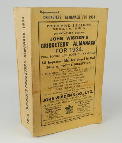 Wisden Cricketers&rsquo; Almanack 1934. 71st edition. Original paper wrappers. Handwritten name to top border of front wrapper, minor mark to front wrapper otherwise in very good condition