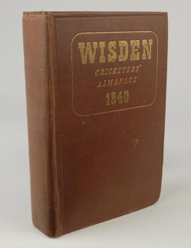 Wisden Cricketers&rsquo; Almanack 1940. 77th edition. Original hardback. Limited number of copies printed in this war year. Breaking to the front internal hinge, the rear broken, some dulling to the gilt titles on the front board and dulled to the spine paper, 
