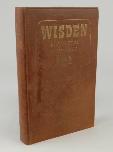 Wisden Cricketers&rsquo; Almanack 1942. 79th edition. Original hardback. Only 900 hardback copies were printed in this war year. The boards and spine paper are worn and the spine is almost completely devoid of titles or dates which have faded, the front board f