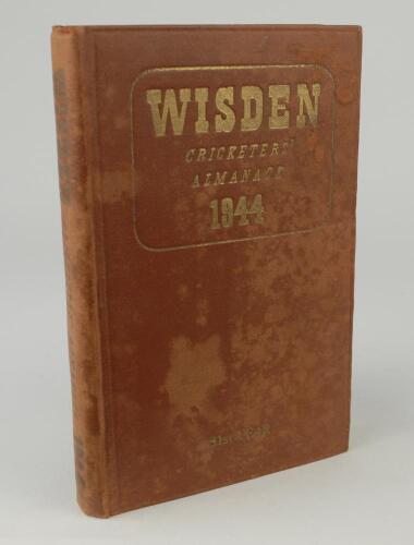 Wisden Cricketers&rsquo; Almanack 1944. 81st edition. Original hardback. Only 1500 hardback copies were printed in this war year. The boards and spine paper are worn and the spine has dulled gilt titles, the gilt titles clearer and more legible on the front boa