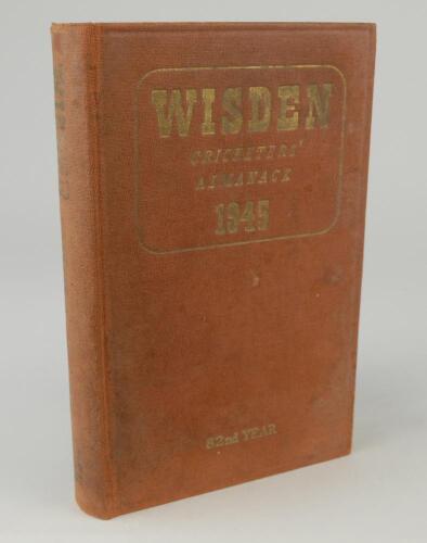 Wisden Cricketers&rsquo; Almanack 1945. 82nd edition. Original hardback. Only 1500 hardback copies were printed in this war year. The boards and spine paper are worn and and the front board and spine titles are faded and worn. Wear to internal hinges, internall