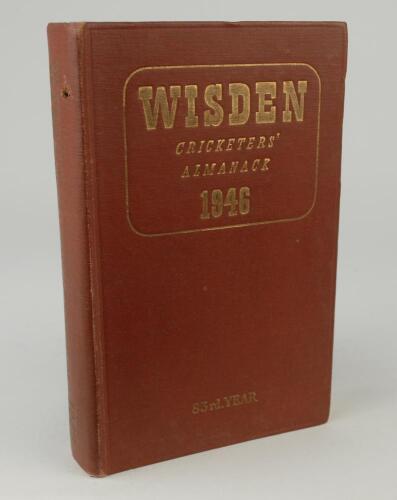 Wisden Cricketers&rsquo; Almanack 1946. 83rd edition. Original hardback. Only 5000 hardback copies were printed in this post war year. Some dulling to the gilt titles on the spine paper, small hole to the top of the spine paper otherwise in good condition