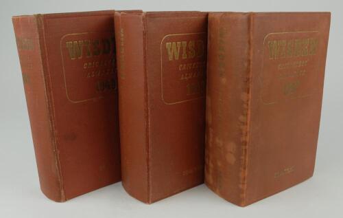 Wisden Cricketers&rsquo; Almanack 1947, 1948 and 1949. Original hardback editions. The 1947 edition with some colour discolouration to boards and spine, broken internal hinges to front and rear, some browning to page edges otherwise in good condition. The 1948 