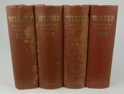 Wisden Cricketers&rsquo; Almanack 1950, 1951, 1952 and 1953. Original hardback editions. The 1950 edition with good boards and spine paper, broken internal hinges otherwise in good condition, the 1951 edition with worn and very faded front board, almost devoid 