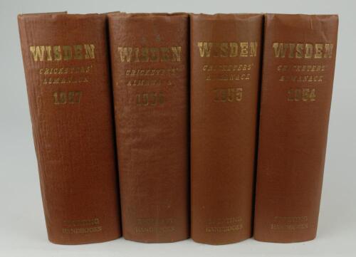 Wisden Cricketers&rsquo; Almanack 1954, 1955, 1956 and 1957. Original hardback editions. All editions with worn and very faded boards, spine papers good. The 1954 edition with worn front internal hinge, wear to the front internal hinges of the 1955 and 1956 int