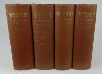 Wisden Cricketers’ Almanack 1954, 1955, 1956 and 1957. Original hardback editions. All editions with worn and very faded boards, spine papers good. The 1954 edition with worn front internal hinge, wear to the front internal hinges of the 1955 and 1956 int