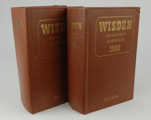 Wisden Cricketers&rsquo; Almanack 1962 and 1963. Original hardback editions. The 1962 edition with bump to top right hand corner of the front board, light crease to spine paper, the 1963 edition with very minor wear to front board, wrinkling to spine paper othe