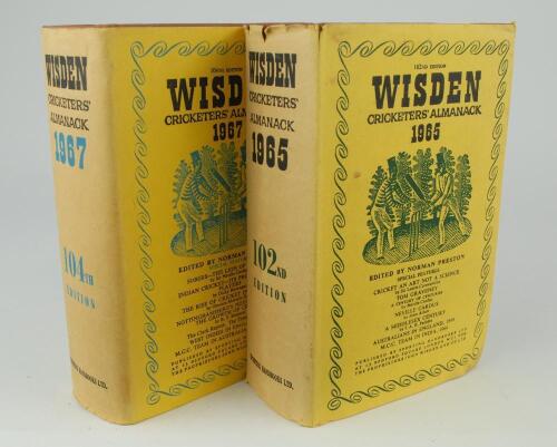 Wisden Cricketers&rsquo; Almanack 1965 and 1967. Original hardback editions with dustwrappers. Both books in good condition, the 1965 edition with minor fraying to the top of the spine of the dustwrapper and the 1967 edition with loss to the lower part of the b