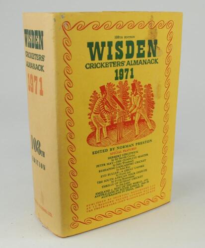 Wisden Cricketers&rsquo; Almanack 1971. Original hardback with dustwrapper. Stain to the top of the dustwrapper, minor age toning to the dustwrapper spine otherwise in good/very good condition
