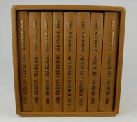 Wisden Cricketers’ Almanack 1879-1886. Boxed set of Wisdenauction reprint editions. Eight facsimile editions published in 2021. Limited edition 85/150. Brown hard board covers with gilt lettering to covers and spine. In original brown presentation box an