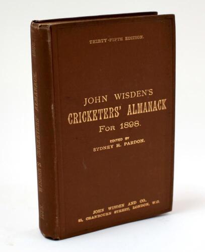 Wisden Cricketers&rsquo; Almanack 1898. 35th edition. Original hardback. The book is in very good condition with bright gilt titles to front board, very slight dulling to the spine paper. However there are four pages from page 187 to 194 which have some loss to