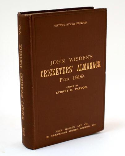 Wisden Cricketers&rsquo; Almanack 1899. 36th edition. Original hardback. Very good to excellent condition throughout with bright gilt titles to front board and spine paper. A rare early hardback edition in beautiful condition
