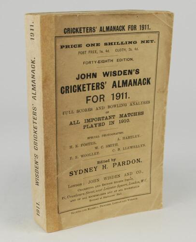 Wisden Cricketers&rsquo; Almanack 1911. 48th edition. Original paper wrappers. Replacement spine with printed title. Minor wear, age toning and repairs to front and rear wrapper corners, odd minor faults otherwise in good condition