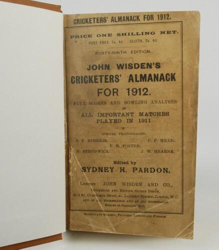Wisden Cricketers&rsquo; Almanacks 1912. 49th edition. Original paper wrappers, bound in light brown boards, with titles in gilt to spine. Some wear, age toning and soiling to wrappers otherwise in good condition