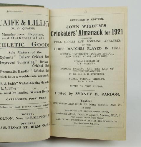 Wisden Cricketers&rsquo; Almanack 1921 and 1925. 58th & 62nd editions. Both bound in green and navy blue boards respectively, the 1921 edition lacking wrappers, the 1925 edition with good original wrappers, gilt titles to spines, red speckled page edges. The 19