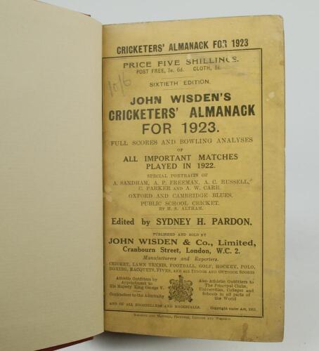 Wisden Cricketers&rsquo; Almanack 1923. 60th edition. Bound in brown boards, with original wrappers, gilt titles to spines. Some minor wear, age toning and slight soiling to wrappers otherwise in good condition