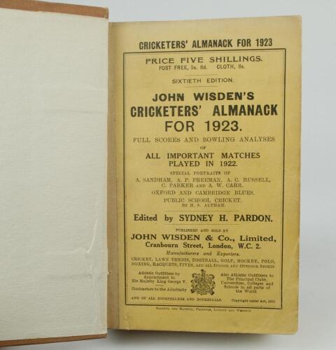 Wisden Cricketers&rsquo; Almanack 1923. 60th edition. Bound in light brown boards, with original wrappers, date on label to spine. Odd very minor faults otherwise in good+ condition