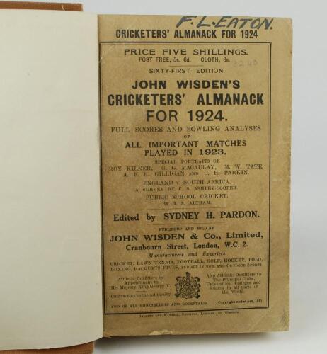 Wisden Cricketers&rsquo; Almanack 1924. 61st edition. Original paper wrappers, bound in light brown boards, with titles in gilt to spine. Some wear, age toning and soiling to wrappers, handwritten name to top border of front wrapper otherwise in good condition.