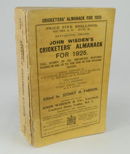 Wisden Cricketers&rsquo; Almanack 1925. 62nd edition. Original paper wrappers. Breaking to spine block, internal page sections becoming loose, some wear and loss to spine paper, splitting to edge of front wrapper, very minor wear to front and rear wrapper other