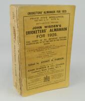 Wisden Cricketers’ Almanack 1925. 62nd edition. Original paper wrappers. Breaking to spine block, internal page sections becoming loose, some wear and loss to spine paper, splitting to edge of front wrapper, very minor wear to front and rear wrapper other