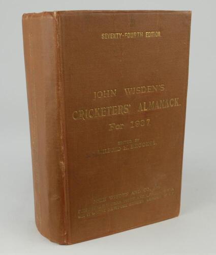 Wisden Cricketers&rsquo; Almanack 1937. 74th edition. Original hardback. Slight dulling to gilt titles on the front board and spine paper, some wear to boards and spine paper, slight creasing to spine paper, rear board and bumping to corners, some soiling to pa