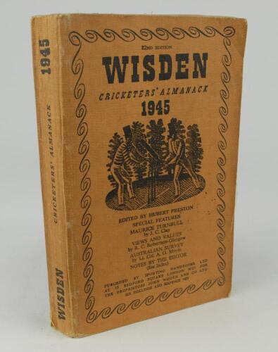 Wisden Cricketers&rsquo; Almanack 1945. 82nd edition. Original limp cloth covers. Only 6500 paper copies printed in this war year. Slightly cocked spine to the right, some soiling to rear cover, signature and date of ownership to first advertising page otherwis