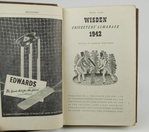 Wisden Cricketers&rsquo; Almanack 1942. 79th edition. Only 4100 paper copies printed in this war year. Rebound in boards with gilt titles to spine, lacking original cloth covers otherwise in good condition
