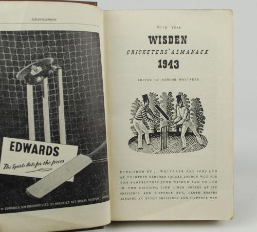 Wisden Cricketers&rsquo; Almanack 1943. 80th edition. Only 5600 paper copies printed in this war year. Rebound in boards with gilt titles to spine, lacking original front cloth cover, with rear cover, rear cover with tape marks around edges on the inside of the