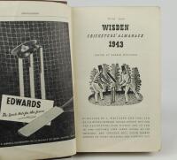 Wisden Cricketers’ Almanack 1943. 80th edition. Only 5600 paper copies printed in this war year. Rebound in boards with gilt titles to spine, lacking original front cloth cover, with rear cover, rear cover with tape marks around edges on the inside of the