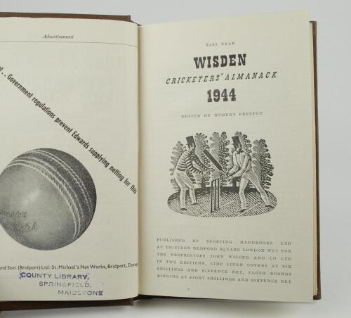 Wisden Cricketers&rsquo; Almanack 1944. 81st edition. Only 5600 paper copies printed in this war year. Rebound in boards with gilt titles to spine, lacking original cloth covers otherwise in good/very good condition