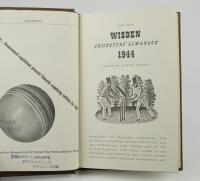 Wisden Cricketers’ Almanack 1944. 81st edition. Only 5600 paper copies printed in this war year. Rebound in boards with gilt titles to spine, lacking original cloth covers otherwise in good/very good condition