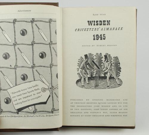 Wisden Cricketers&rsquo; Almanack 1945. 82nd edition. Only 6500 paper copies printed in this war year. Rebound in boards with gilt titles to spine, lacking original cloth covers otherwise in good/very good condition. Sold with a rebound 1948 edition with poor o