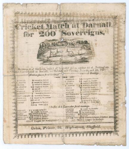 &lsquo;Cricket Match at Darnall, for 200 Sovereigns&rsquo; 1826. Sheffield and Leicester v Nottingham. Very early and rare original double sided score sheet for the match played at the Darnall New Ground, Sheffield, 24th- 26th July 1826. Both sides with printed title
