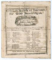 ‘Cricket Match at Darnall, for 200 Sovereigns’ 1826. Sheffield and Leicester v Nottingham. Very early and rare original double sided score sheet for the match played at the Darnall New Ground, Sheffield, 24th- 26th July 1826. Both sides with printed title