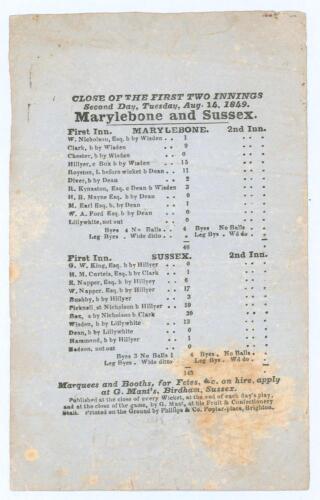 &lsquo;Marylebone and Sussex&rsquo; 1849. Original single sided score sheet for the &lsquo;Close of the first two innings, Second Day, Tuesday Aug. 14, 1849&rsquo; for the match played at C.H. Gausden&rsquo;s (Royal Brunswick) Ground, Hove, 13th- 14th August 1849. The scores depict M.