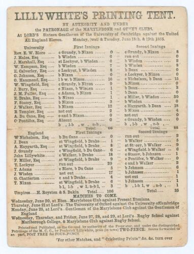 Cambridge University v United England Eleven 1855. Original double sided scorecard for the match played at Lord&rsquo;s on &lsquo;Monday (wet) & Tuesday, June 18th & 19th 1855&rsquo;. The sixteen of Cambridge pulled off an unexpected victory by thirteen runs. Batting first