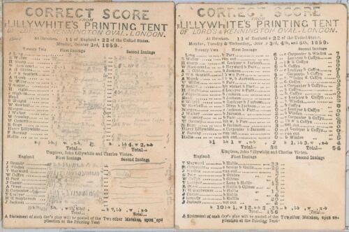 George Parr&rsquo;s team to North America 1859. First England cricket tour overseas. &lsquo;11 of England v 22 of the United States&rsquo;. Two very rare scorecards (thought to be the only surviving original scorecards from the pioneering first overseas tour), printed by F