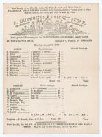 ‘Surrey v. North of England’ 1863. Early original single sided scorecard for the match played at Kennington Oval, 3rd- 5th August 1863. The scorecard with incomplete printed scores lists the North’s first innings in which they were dismissed for 211 (Iddi