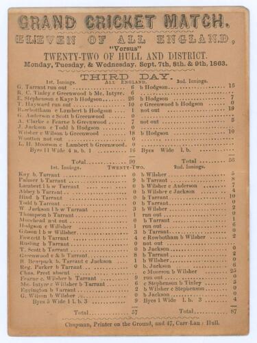 &lsquo;Eleven of All England versus Twenty-Two of Hull and District&rsquo; 1863. Early original single sided scorecard for the match played at Hull, 7th- 9th September 1863, showing the scores at the completion of the match on the third day, All England having just w