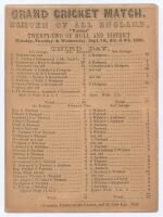 ‘Eleven of All England versus Twenty-Two of Hull and District’ 1863. Early original single sided scorecard for the match played at Hull, 7th- 9th September 1863, showing the scores at the completion of the match on the third day, All England having just w