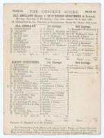 ‘All England Eleven v. 22 of Bishop Stortford & District’ 1865. Early original double sided scorecard with complete printed scores for the match played at Cricket Lane, Bishop’s Stortford, 31st July- 2nd August 1865. Bishop’s Stortford ran out winners by 