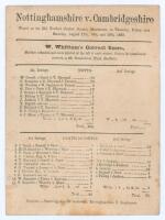 ‘Nottinghamshire v. Cambridgeshire’ 1865. Early original single sided scorecard with complete printed scores for the match played at Old Trafford 17th- 19th August 1865. Nottinghamshire batted first and reached an impressive 236, openers William Oscroft (