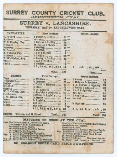 &lsquo;Surrey v. Lancashire&rsquo; 1867. Early original double sided scorecard for the match played at Kennington Oval, 20th May- 1st June 1867. Playing against a strong Surrey team fielding notable names such as Humphrey, Jupp, Pooley, Mortlock, Griffth, Collyer, St
