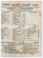 ‘Surrey v. Lancashire’ 1867. Early original double sided scorecard for the match played at Kennington Oval, 20th May- 1st June 1867. Playing against a strong Surrey team fielding notable names such as Humphrey, Jupp, Pooley, Mortlock, Griffth, Collyer, St