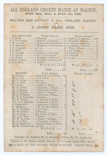 &lsquo;All England Cricket Match at Malton. Malton and District v. All England Eleven&rsquo; 1868. Early original single sided scorecard for the match played at Old Malton Road, Malton (Yorkshire), 29th June- 1st July 1868. The All England XI batted first and made 26