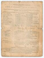 ‘Grand Cricket Match. North of England v. South of England’ 1869. Early original double sided scorecard for the match played at Bramall Lane, Sheffield, 26th- 28th July 1869. The South batted first and thanks to W.G. Grace (122) and B.B. Cooper (23) who w